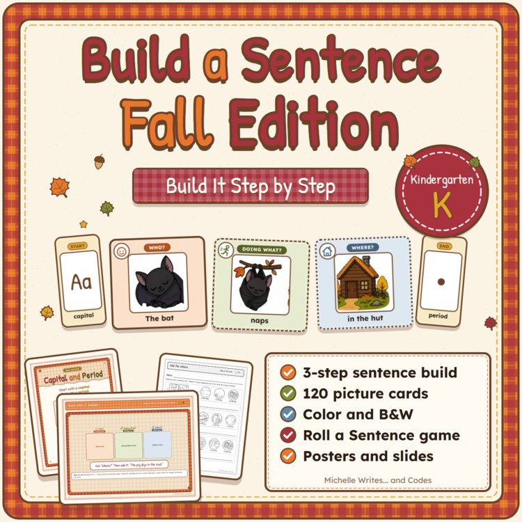 Cover of Sentence Building Kindergarten Fall Writing Center Picture Sentences