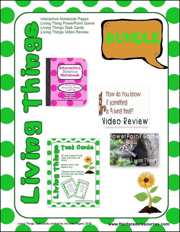 Cover of Living Things Bundle (Task Cards, Interactive Notebook, Video, PowerPoint Game)