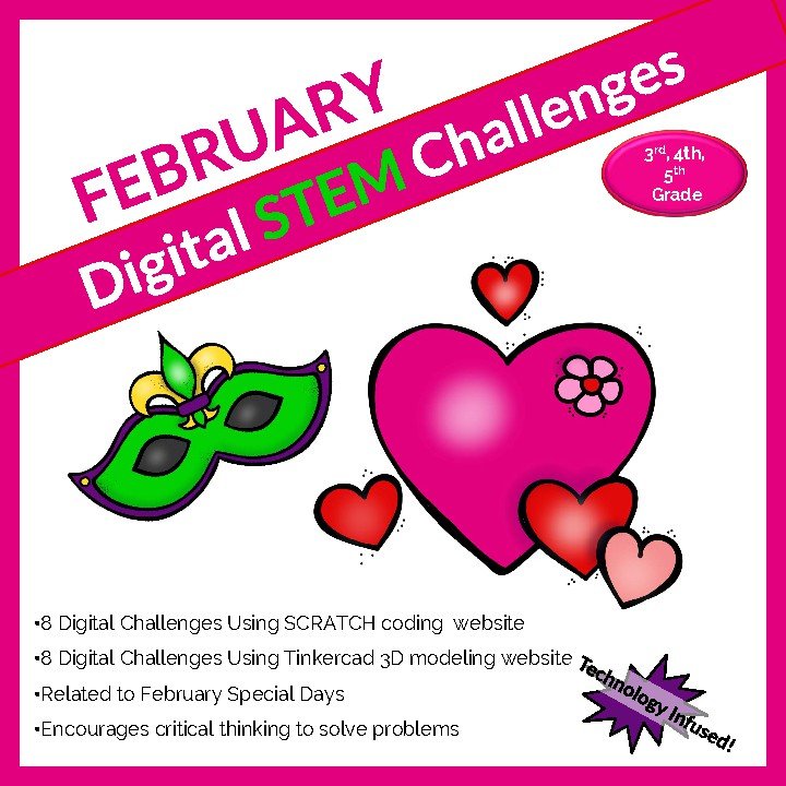 Cover of February DIGITAL STEM challenge|coding|Valentine|Mardi Gras|Chinese New Year