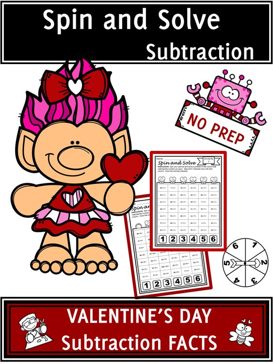 Cover of Valentine's Day Activities Subtraction Spin and Solve Math Centers