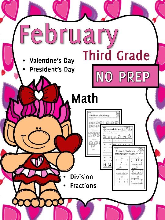 Cover of February NO PREP Math Third Grade| Division Fractions Valentines Presidents Day