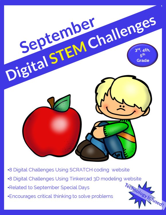 Cover of September STEM Challenges 3rd-5th | Apple Activities | Scratch & Tinkercad