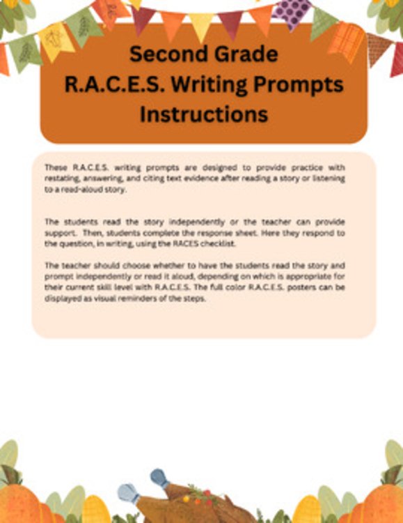 Preview page 1 of Second Grade R.A.C.E.S. Writing Prompts with Stories - November