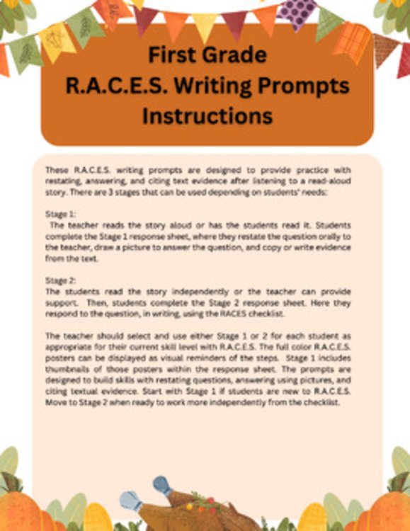 Preview page 1 of First Grade R.A.C.E.S. Writing Prompts with Stories - November