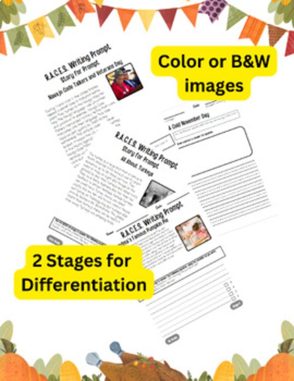 Preview page 2 of First Grade R.A.C.E.S. Writing Prompts with Stories - November