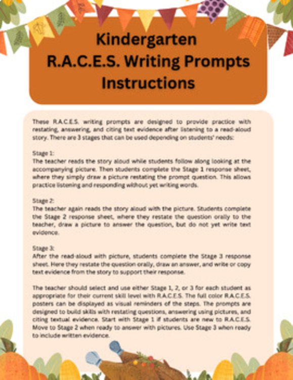 Preview page 1 of Kindergarten R.A.C.E.S. Writing Prompts with Stories - November