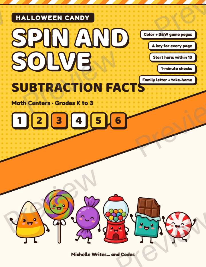 Preview page 4 of Candy Theme Subtraction Spin and Solve Math Centers