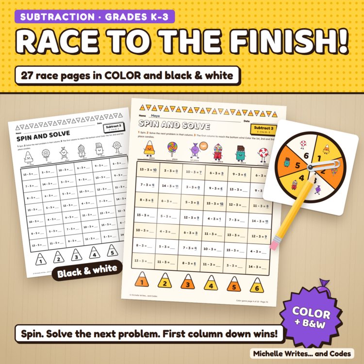 Preview page 1 of Candy Theme Subtraction Spin and Solve Math Centers
