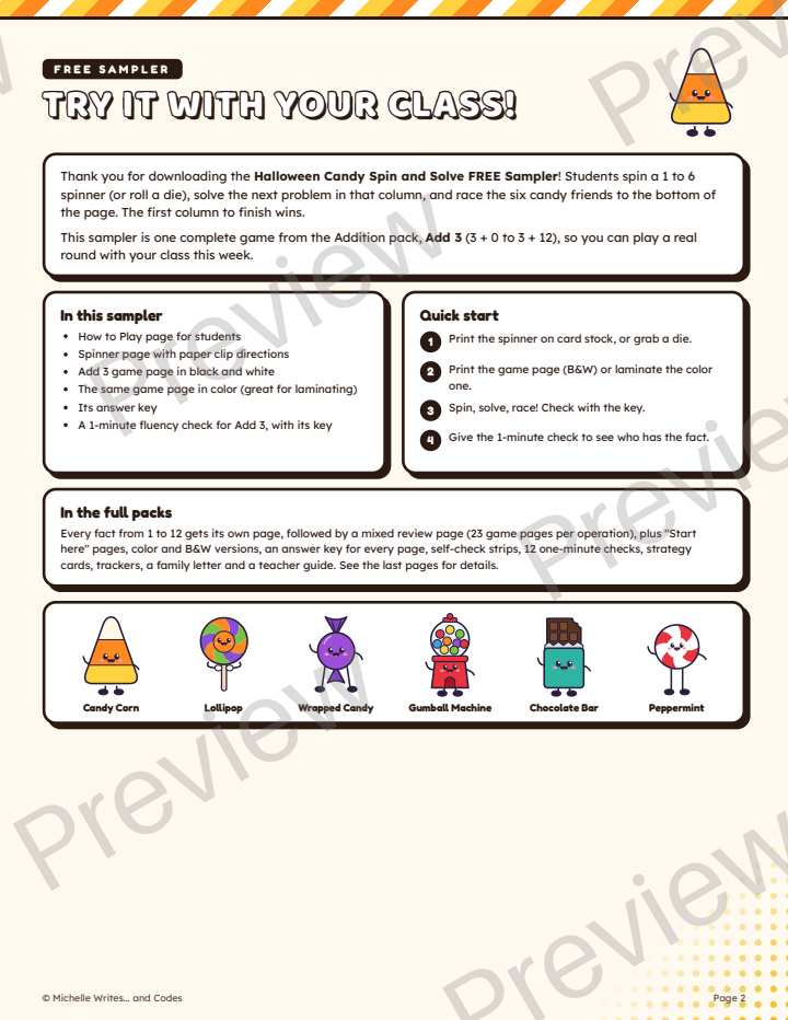 Preview page 2 of Halloween Candy Spin and Solve FREE Sampler